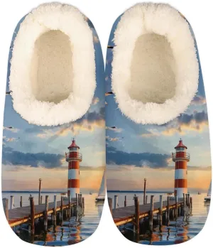 Sunset Lighthouse House Slippers for Women Men, Sea Seagull Fuzzy Soft Cozy Non Slip Slipper Socks