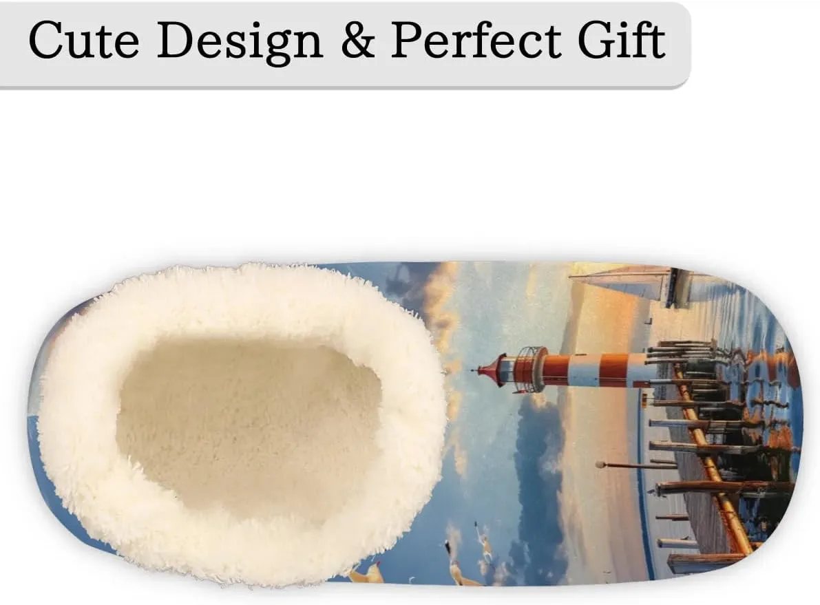 Sunset Lighthouse House Slippers for Women Men, Sea Seagull Fuzzy Soft Cozy Non Slip Slipper Socks