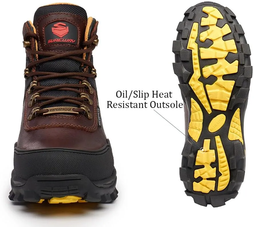 SUREWAY Men's 6" Soft/Steel Toe Heavy Duty Waterproof Work Boot - Leather,Lace Up,Oil/Slip Resistant Dual-Density Comfortable EH Construction Industrial Ankle Safety Men Work Boots,Roofing, Hunting