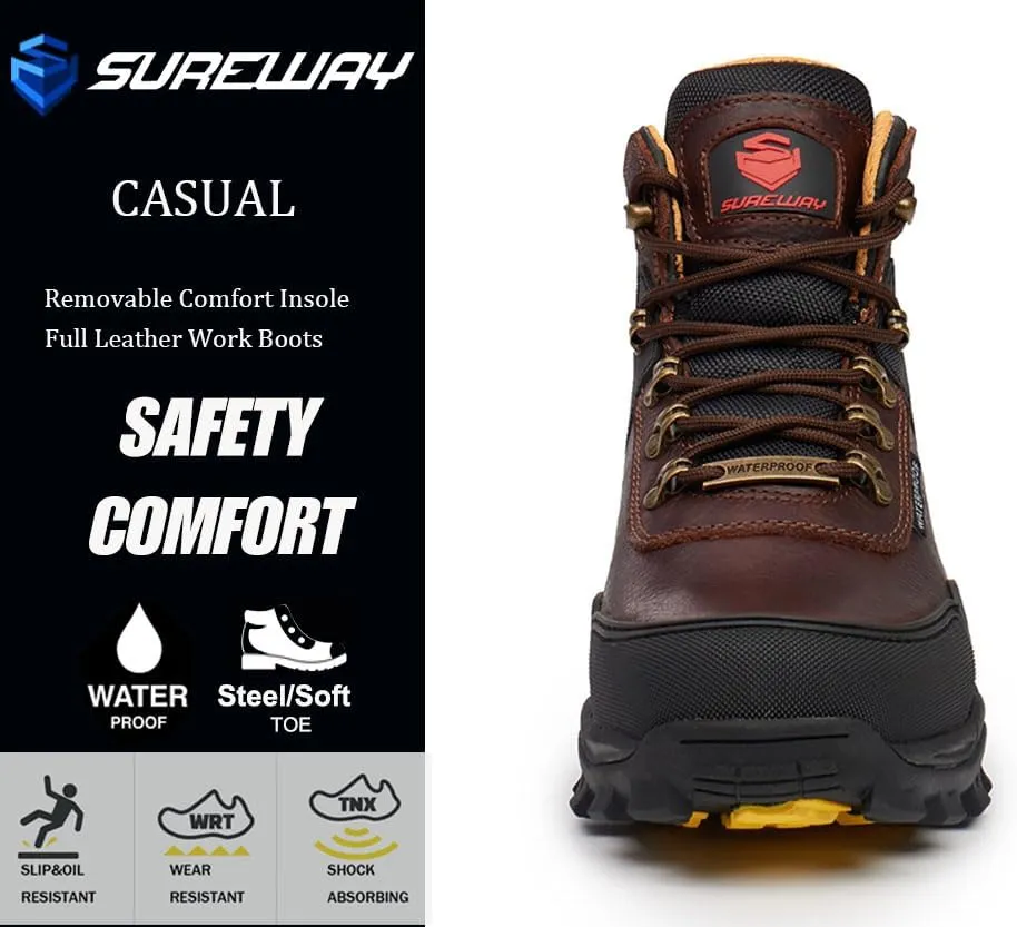 SUREWAY Men's 6" Soft/Steel Toe Heavy Duty Waterproof Work Boot - Leather,Lace Up,Oil/Slip Resistant Dual-Density Comfortable Outsole,EH Construction Industrial Ankle Safety Men Work Boots
