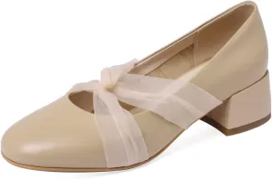 TinaCus Genuine Leather Women's Handmade Chunky Heel Round Toe Pumps Shoes