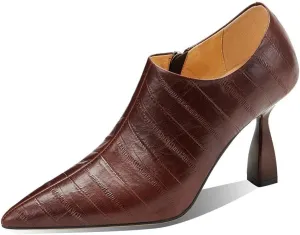 TinaCus Women's Genuine Leather Embossed Side Zipper Pointed Toe Stiletto Heel Pumps Shoes