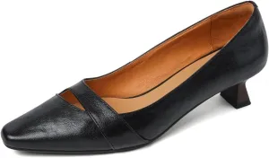 TinaCus Women's Genuine Leather Pointed Toe Hollow Kitten Heel Handmade Retro Pumps Shoes
