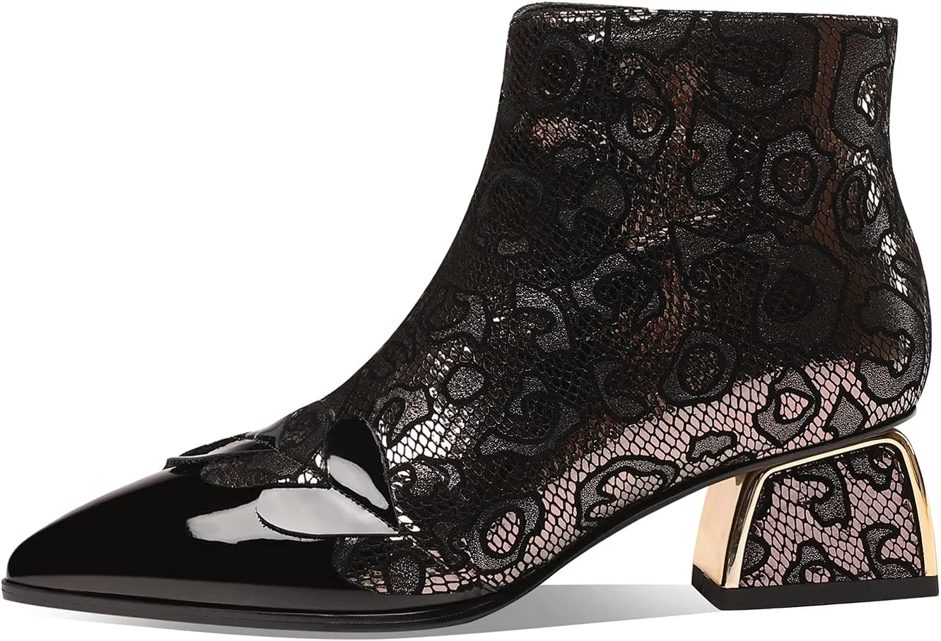 TinaCus Women's Handmade Patent Genuine Leather Block Heel Side Zip Up Floral Mesh Hollow Ankle Boots with Heart Decor