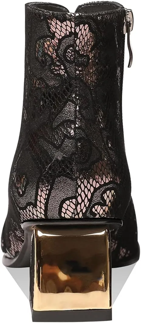TinaCus Women's Handmade Patent Genuine Leather Block Heel Side Zip Up Floral Mesh Hollow Ankle Boots with Heart Decor