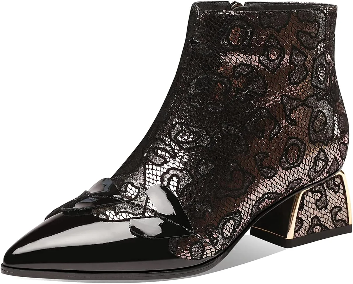 TinaCus Women's Handmade Patent Genuine Leather Block Heel Side Zip Up Floral Mesh Hollow Ankle Boots with Heart Decor