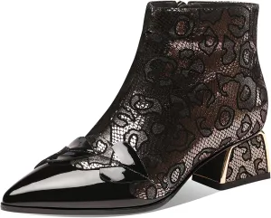 TinaCus Women's Handmade Patent Genuine Leather Block Heel Side Zip Up Floral Mesh Hollow Ankle Boots with Heart Decor