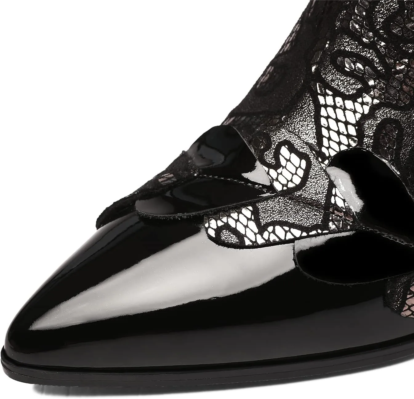 TinaCus Women's Handmade Patent Genuine Leather Block Heel Side Zip Up Floral Mesh Hollow Ankle Boots with Heart Decor