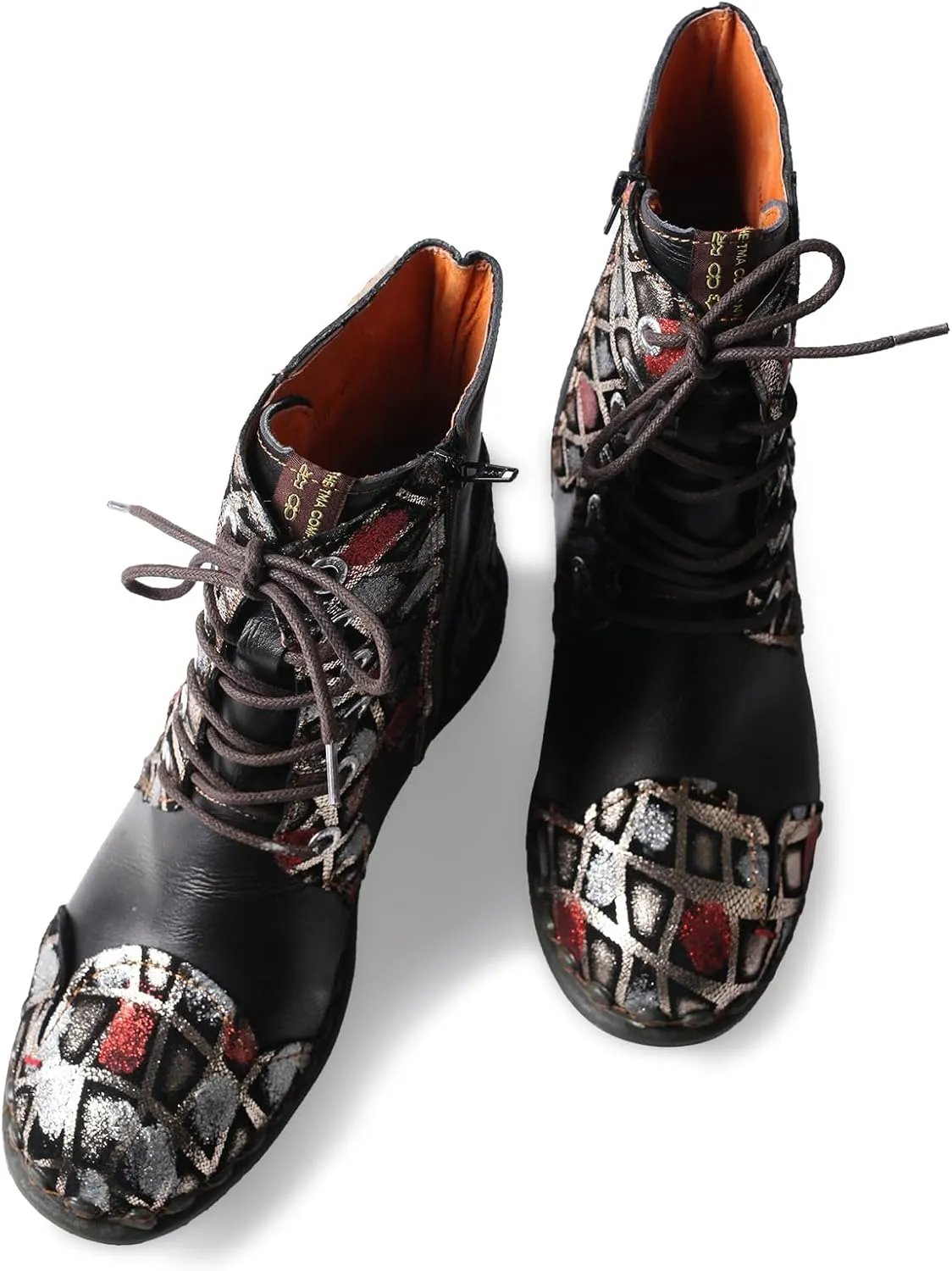 TMA EYES Women's Ankle Booties Lace Up Combat Boot Geometric Pattern With Leather Stitching Shoes
