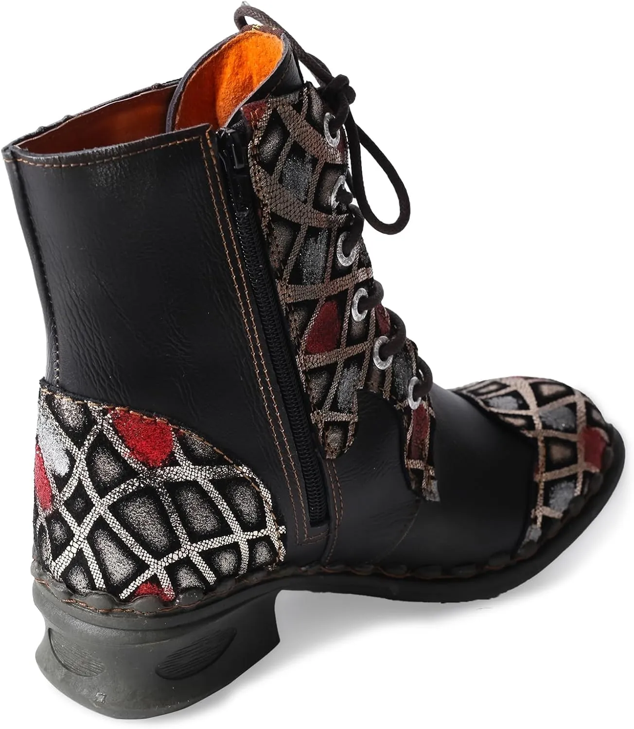 TMA EYES Women's Ankle Booties Lace Up Combat Boot Geometric Pattern With Leather Stitching Shoes