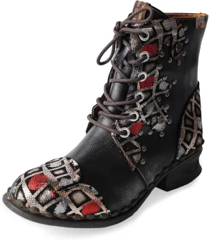 TMA EYES Women's Ankle Booties Lace Up Combat Boot Geometric Pattern With Leather Stitching Shoes