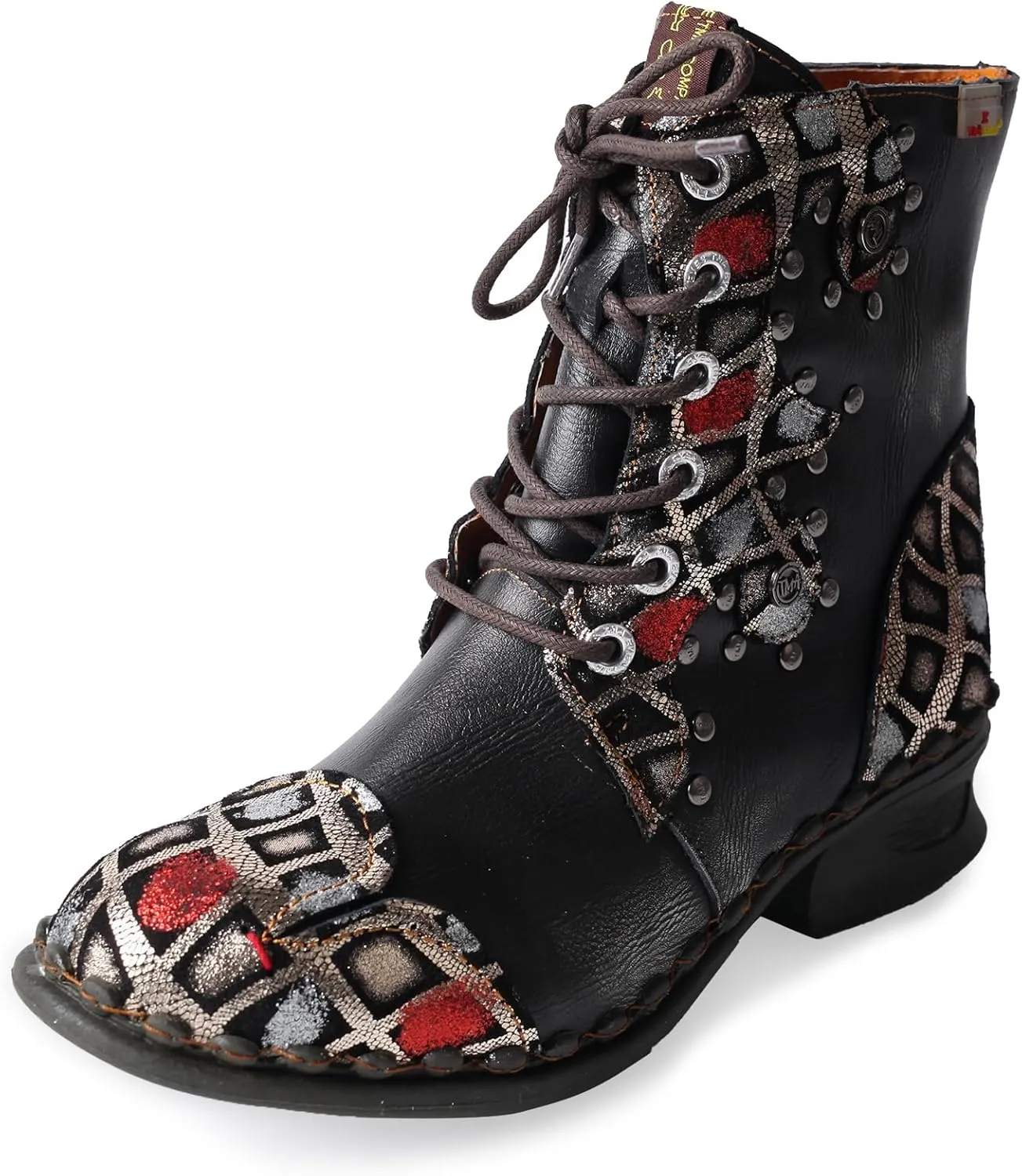 TMA EYES Women's Ankle Booties Lace Up Combat Boot Geometric Pattern With Leather Stitching Shoes