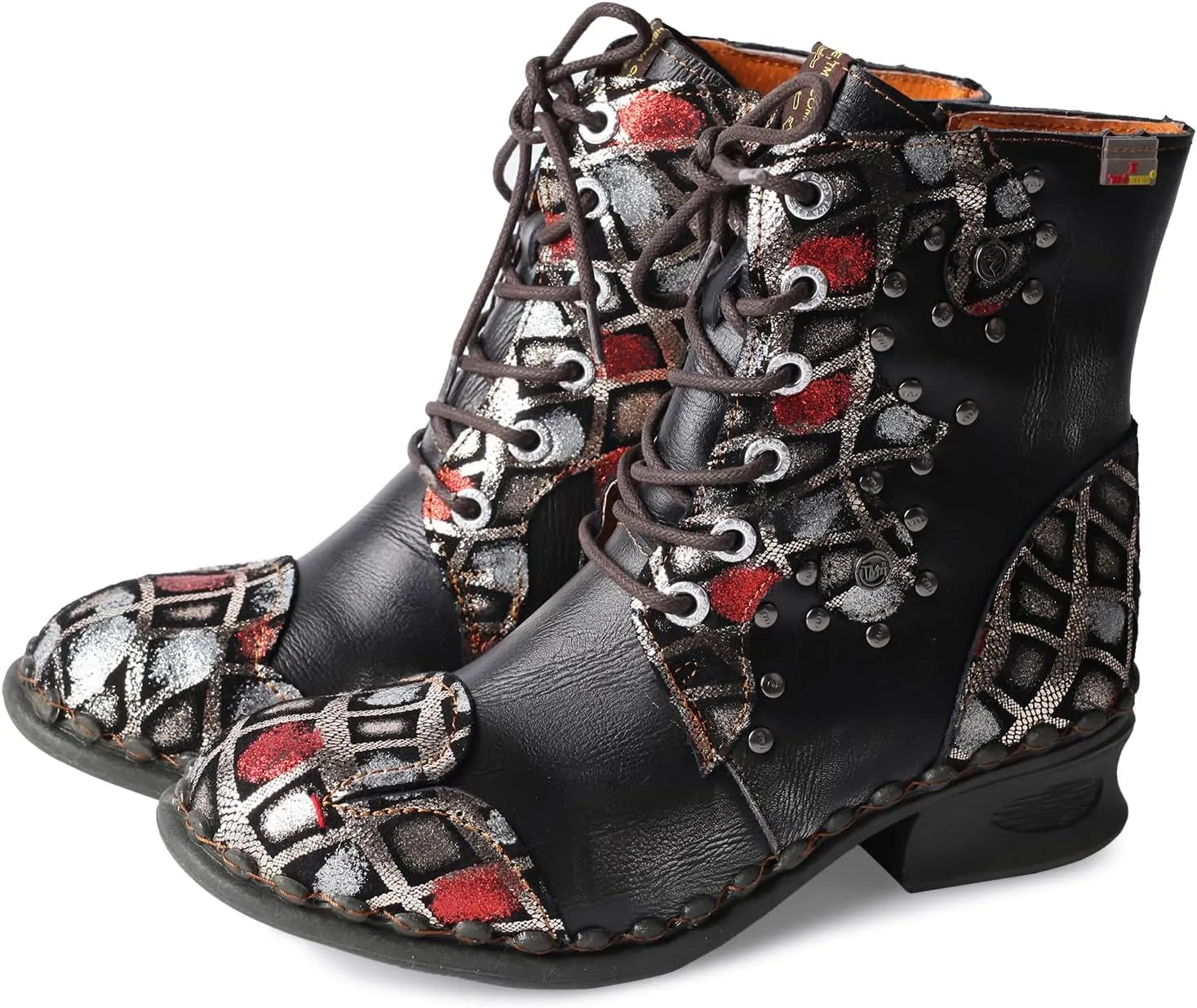 TMA EYES Women's Ankle Booties Lace Up Combat Boot Geometric Pattern With Leather Stitching Shoes