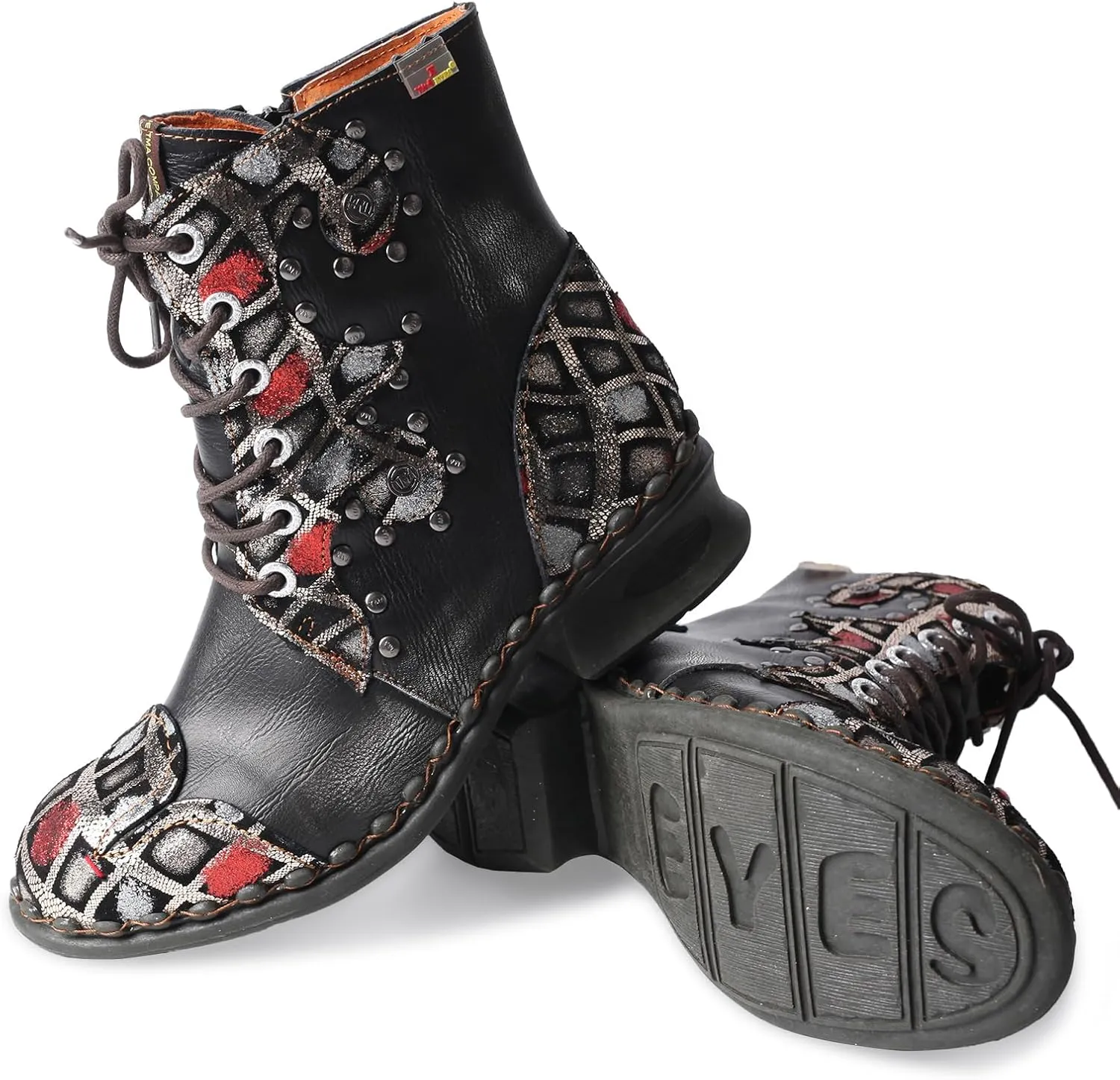 TMA EYES Women's Ankle Booties Lace Up Combat Boot Geometric Pattern With Leather Stitching Shoes