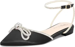 TNYNFBEB Womens Chunky Block Low Heel Pointed Toe Pumps Ankle Strap Buckle Rhinestone Crystal Party Glitter Cute 0.6 Inches Heels