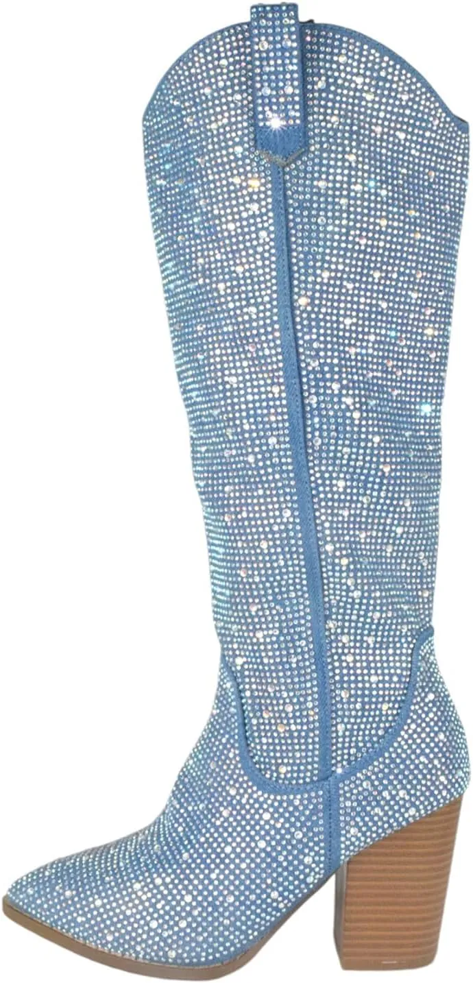 TOP Moda Women Knee High Boots Block High Heels Rhinestone Bling Glitter Side Zipper Pointed-Toe IMOGEN-38
