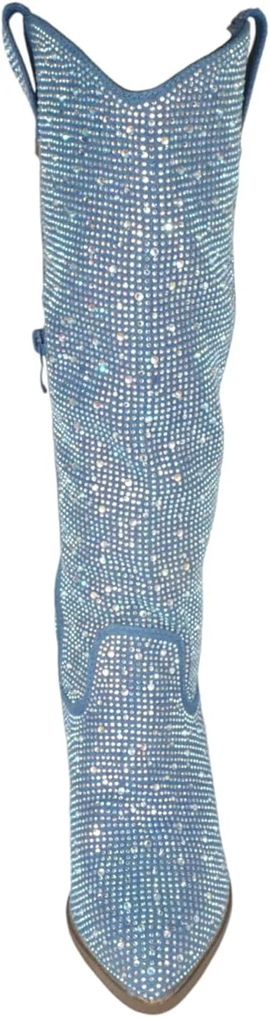 TOP Moda Women Knee High Boots Block High Heels Rhinestone Bling Glitter Side Zipper Pointed-Toe IMOGEN-38