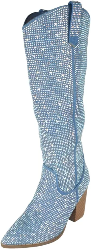 TOP Moda Women Knee High Boots Block High Heels Rhinestone Bling Glitter Side Zipper Pointed-Toe IMOGEN-38