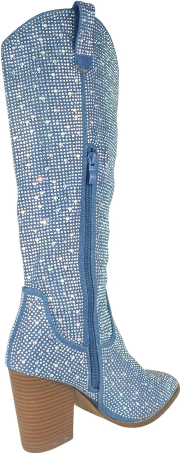 TOP Moda Women Knee High Boots Block High Heels Rhinestone Bling Glitter Side Zipper Pointed-Toe IMOGEN-38
