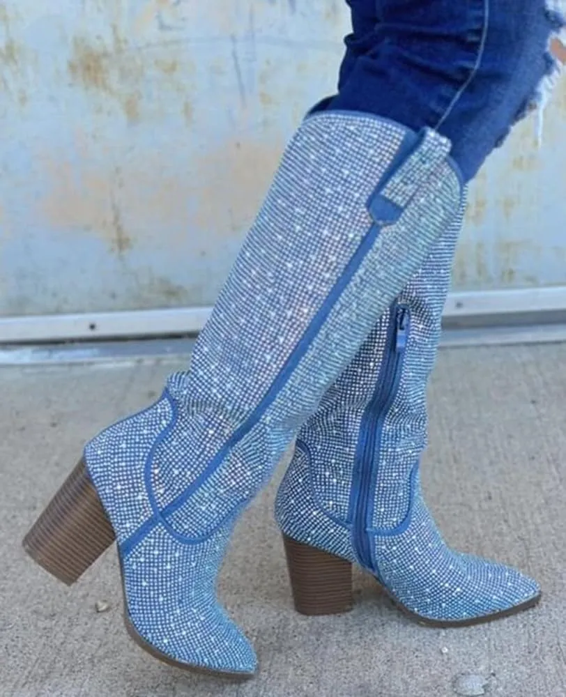 TOP Moda Women Knee High Boots Block High Heels Rhinestone Bling Glitter Side Zipper Pointed-Toe IMOGEN-38