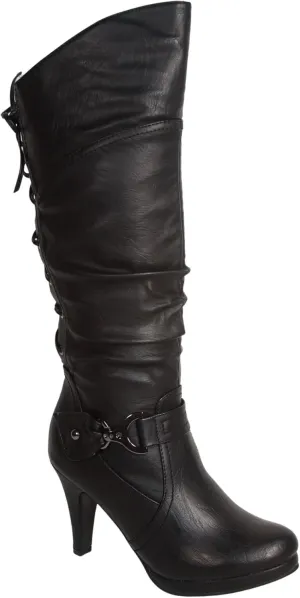 TOP Moda Womens Page-65 Knee High Round Toe Lace-Up Slouched High Heel Boots