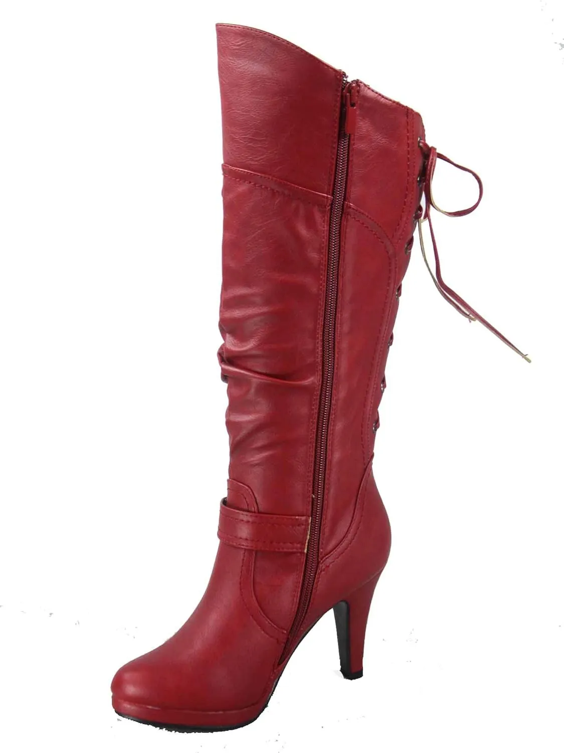TOP Moda Womens Page-65 Knee High Round Toe Lace-Up Slouched High Heel Boots