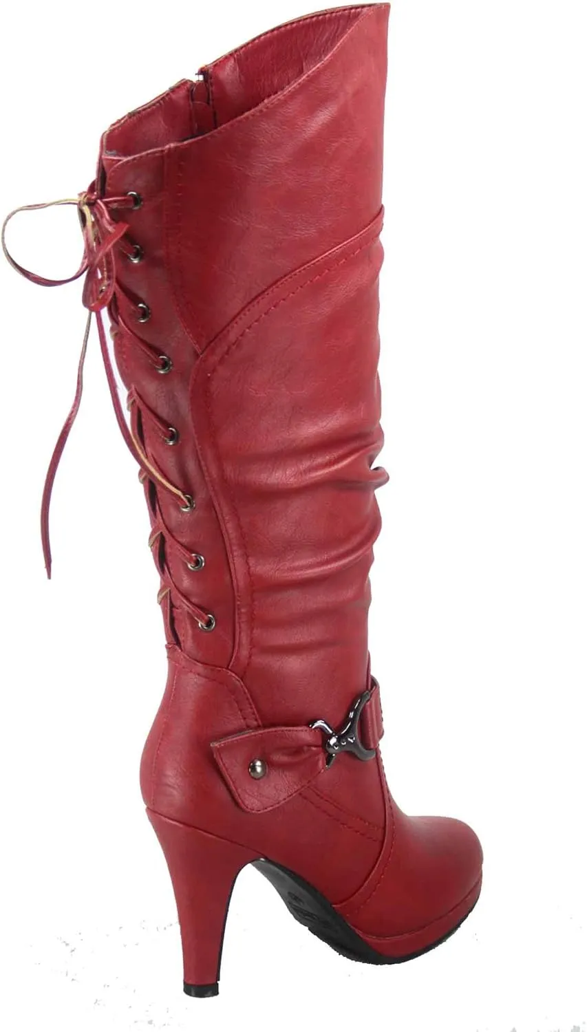 TOP Moda Womens Page-65 Knee High Round Toe Lace-Up Slouched High Heel Boots