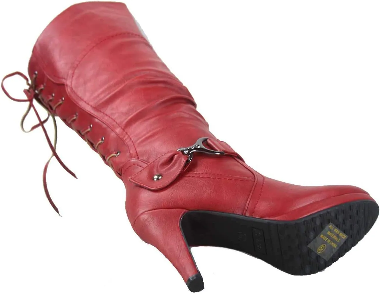 TOP Moda Womens Page-65 Knee High Round Toe Lace-Up Slouched High Heel Boots