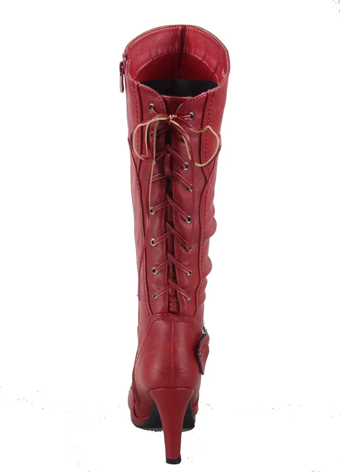 TOP Moda Womens Page-65 Knee High Round Toe Lace-Up Slouched High Heel Boots