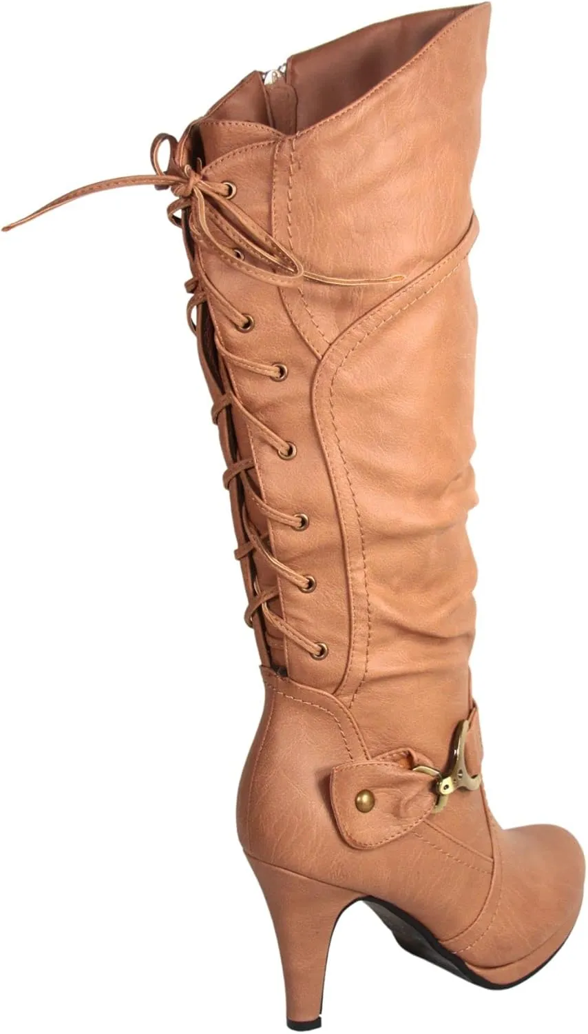 TOP Moda Womens Page-65 Knee High Round Toe Lace-Up Slouched High Heel Boots