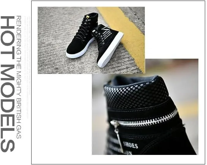 Trendy British Style High-top Canvas Sneakers for Men - Lace-up Design, Casual and All-match, with Zipper Decoration