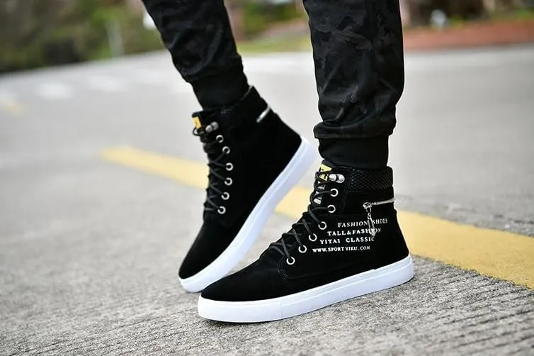 Trendy British Style High-top Canvas Sneakers for Men - Lace-up Design, Casual and All-match, with Zipper Decoration