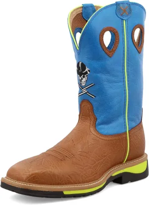 Twisted X Men's 12" Western Work Boot, Square Toe Steel Toe, Brown Oiled Shoulder & Neon Blue, 11 D