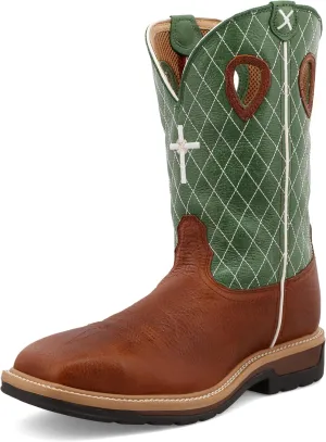 Twisted X Men's 12" Western Work Boot, Square Toe Steel Toe, Cognac Glazed Pebble & Lime, 11.5 D