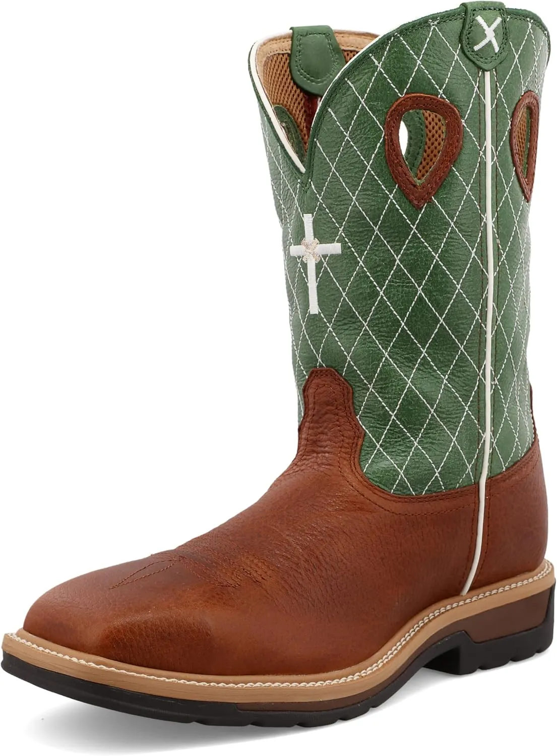 Twisted X Men's 12" Western Work Boot, Square Toe Steel Toe, Cognac Glazed Pebble & Lime, 11.5 D