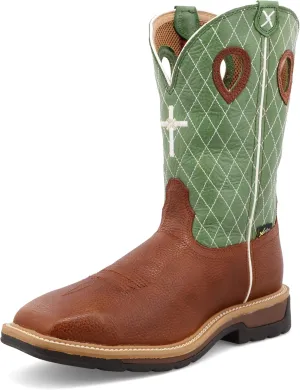 Twisted X Men's 12" Western Work Boot, Square Toe Steel Toe, Cognac Glazed Pebble & Lime - w/Metgaurd, 9.5 EE
