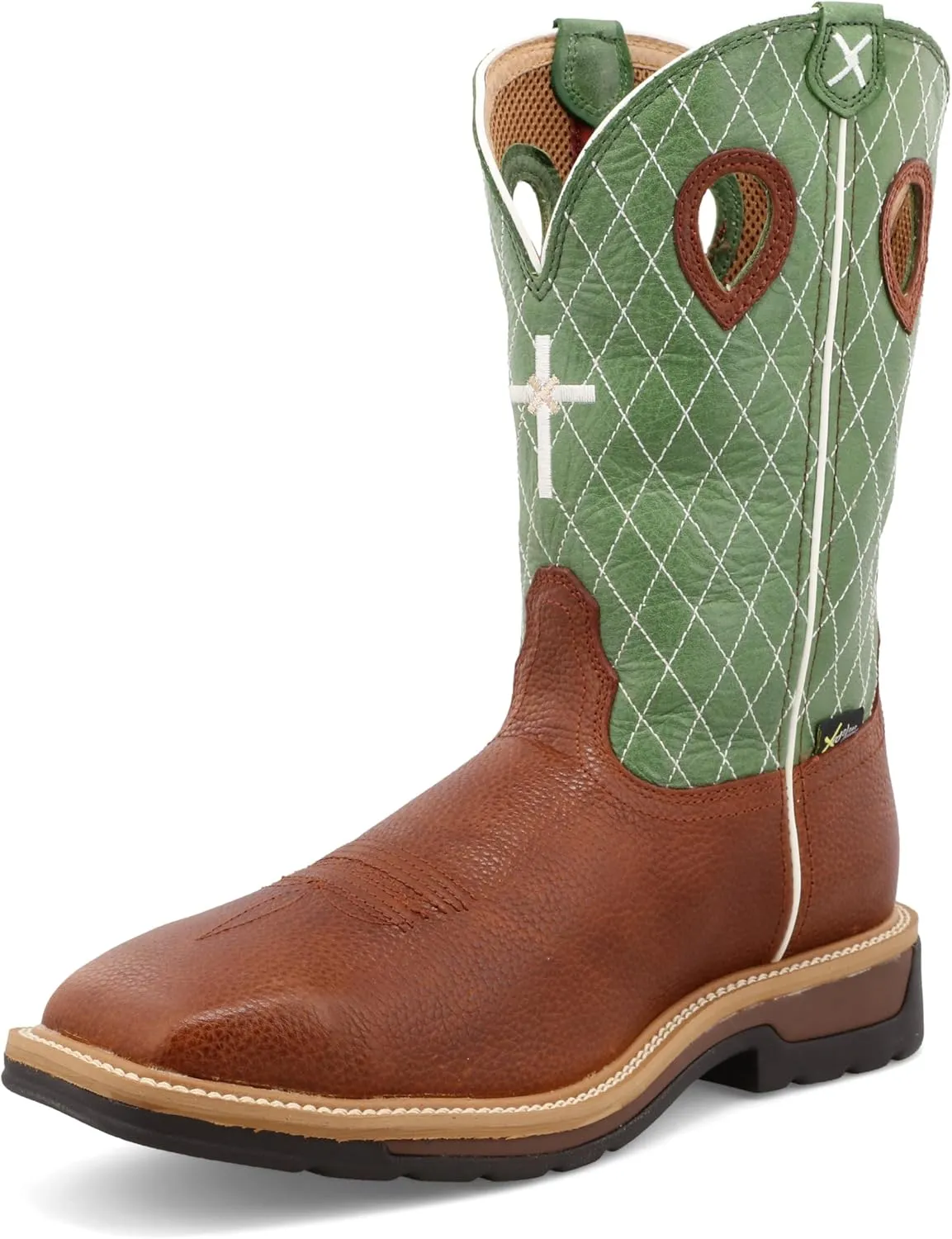 Twisted X Men's 12" Western Work Boot, Square Toe Steel Toe, Cognac Glazed Pebble & Lime - w/Metgaurd, 9.5 EE