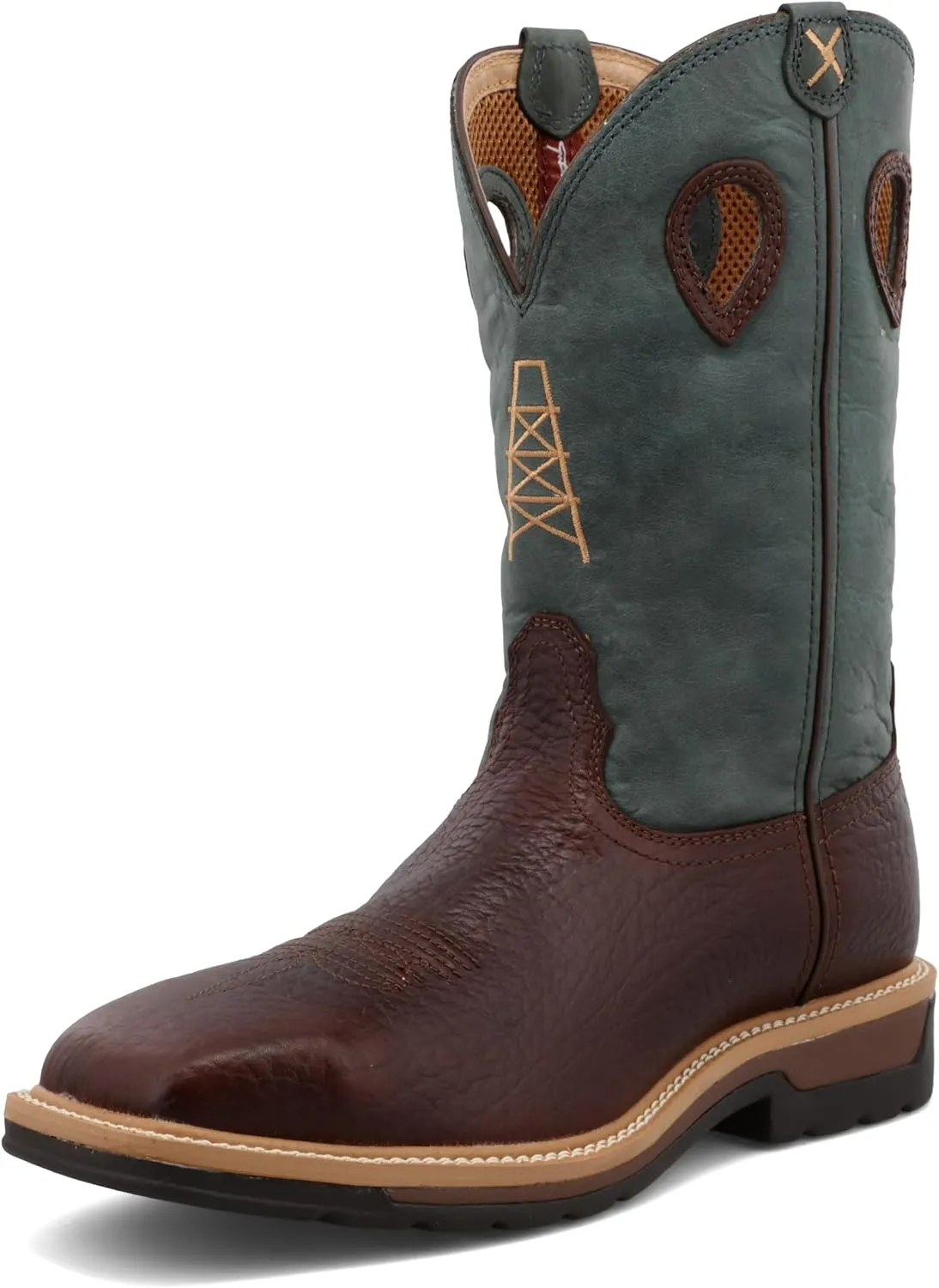 Twisted X Men's 12" Western Work Boot, Square Toe Steel Toe, Oiled Cognac & Blue, 14 D