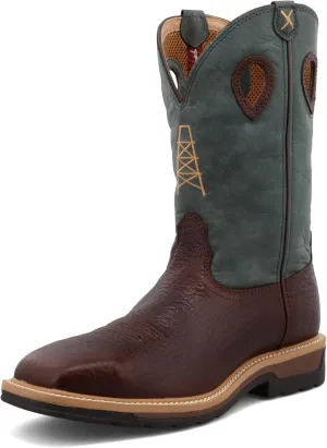 Twisted X Men's 12" Western Work Boot, Square Toe Steel Toe, Oiled Cognac & Blue, 14 D