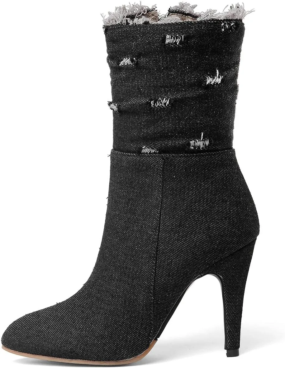 Uniquelly Womens Denim Stiletto Ankle Boots High Heel Booties Pointed Toe Side Zipper Dress Shoes