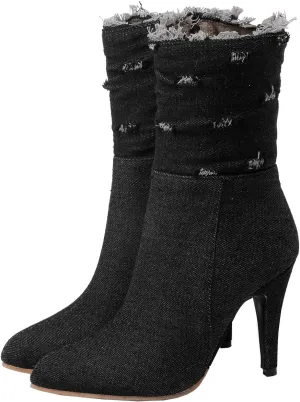 Uniquelly Womens Denim Stiletto Ankle Boots High Heel Booties Pointed Toe Side Zipper Dress Shoes