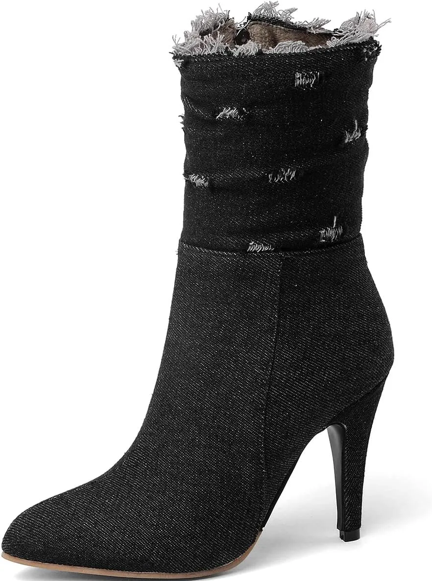 Uniquelly Womens Denim Stiletto Ankle Boots High Heel Booties Pointed Toe Side Zipper Dress Shoes