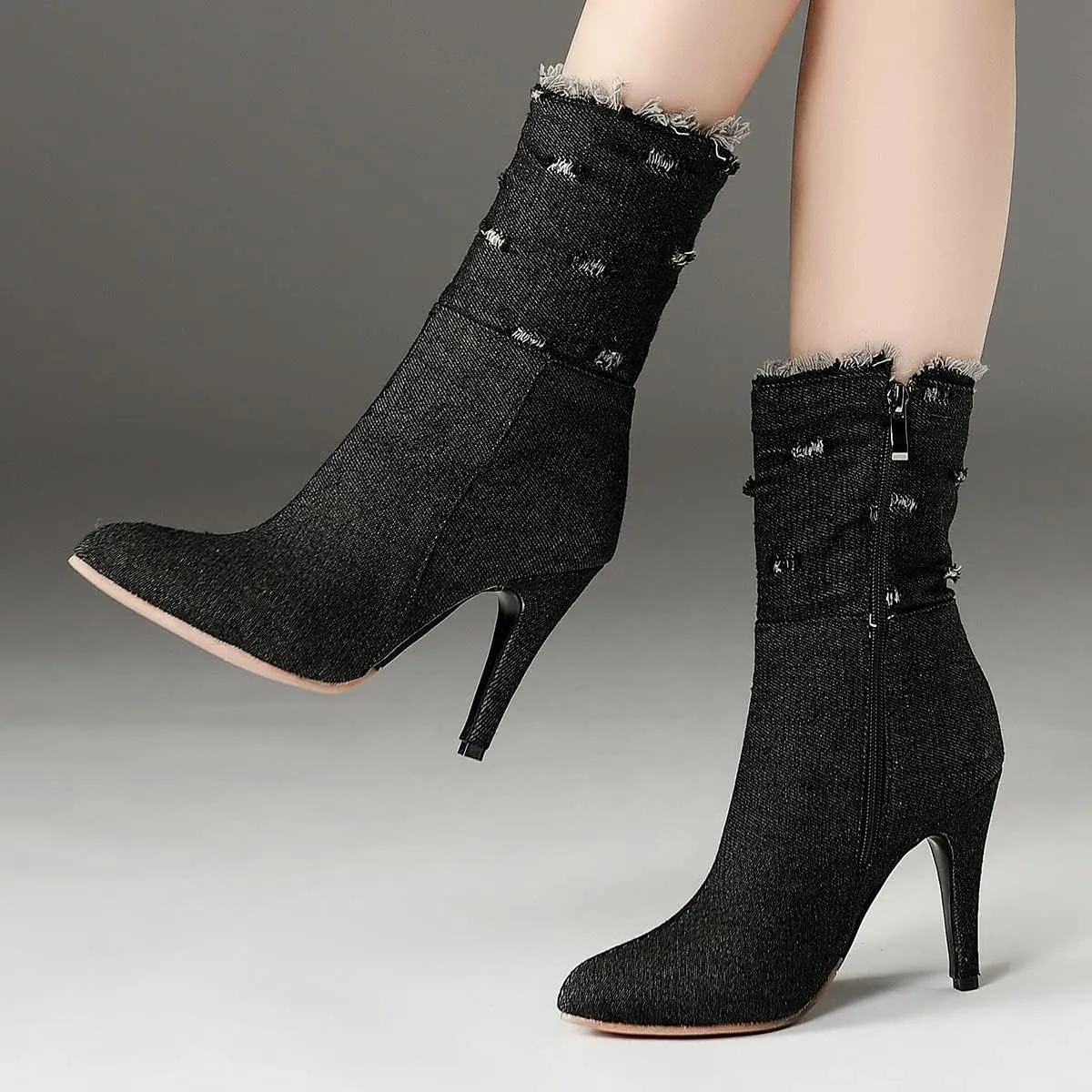 Uniquelly Womens Denim Stiletto Ankle Boots High Heel Booties Pointed Toe Side Zipper Dress Shoes