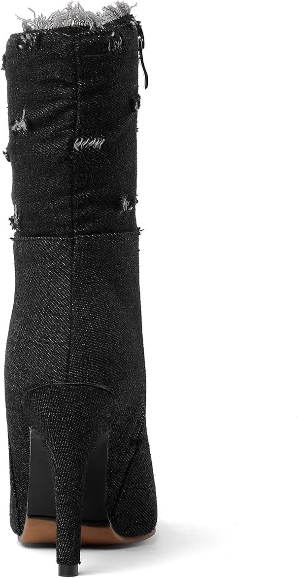 Uniquelly Womens Denim Stiletto Ankle Boots High Heel Booties Pointed Toe Side Zipper Dress Shoes