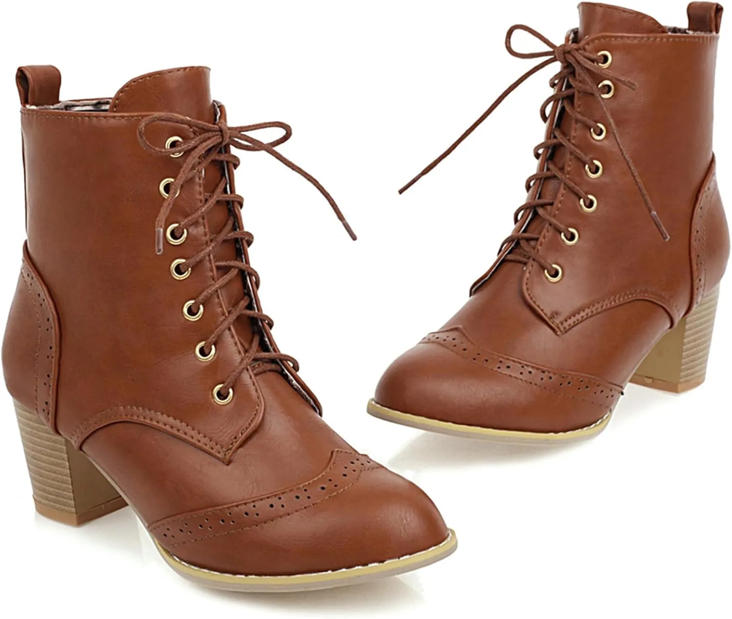 UniqueStride Women's Brogue Ankle Boots Lace Up Ankle Bootie with Chunky Block Heel Round Toe Shoes