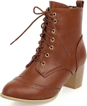 UniqueStride Women's Brogue Ankle Boots Lace Up Ankle Bootie with Chunky Block Heel Round Toe Shoes