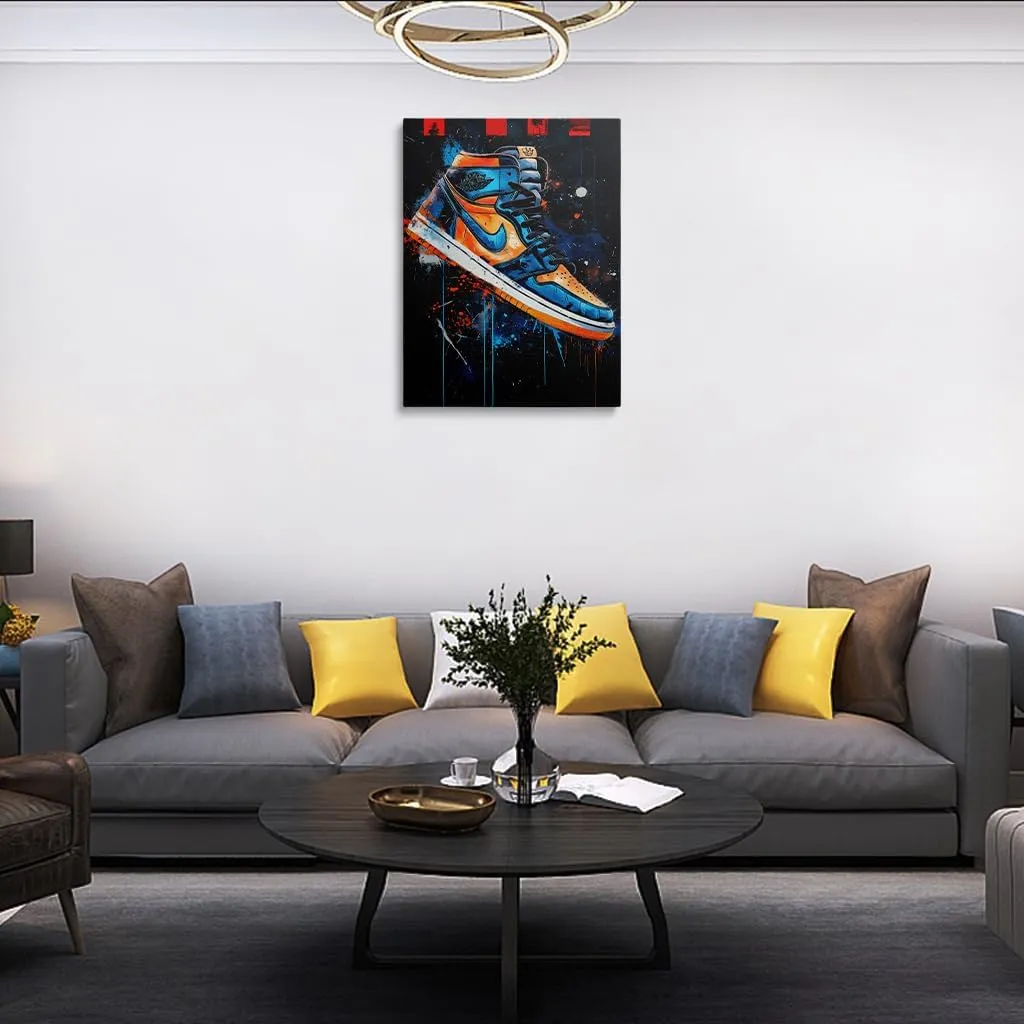 Urban Sneaker Canvas Wall Art, Blue and Orange Graffiti Style Home Decor Ready To Hang (16"x24")