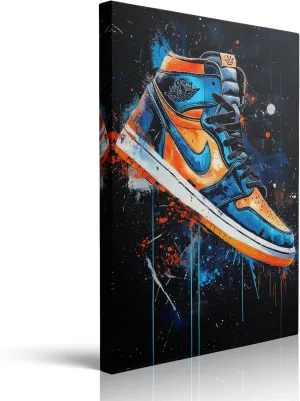 Urban Sneaker Canvas Wall Art, Blue and Orange Graffiti Style Home Decor Ready To Hang (16"x24")