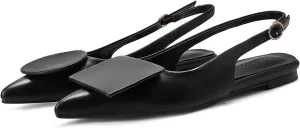 Vertundy Women's Slingback Flats Pointed Toe Flats for Women Low Heel Pumps Ankle Strap Sandals Circle Square Decorative Fashion Design Shoes