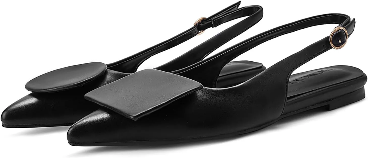 Vertundy Women's Slingback Flats Pointed Toe Flats for Women Low Heel Pumps Ankle Strap Sandals Circle Square Decorative Fashion Design Shoes